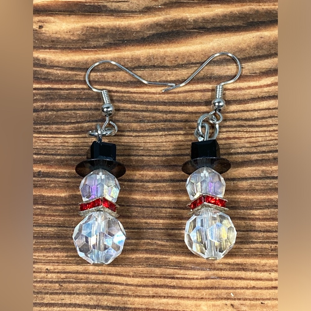 Elegant Crystal Rhinestone Snowman Dangle Drop Earrings 1.25”